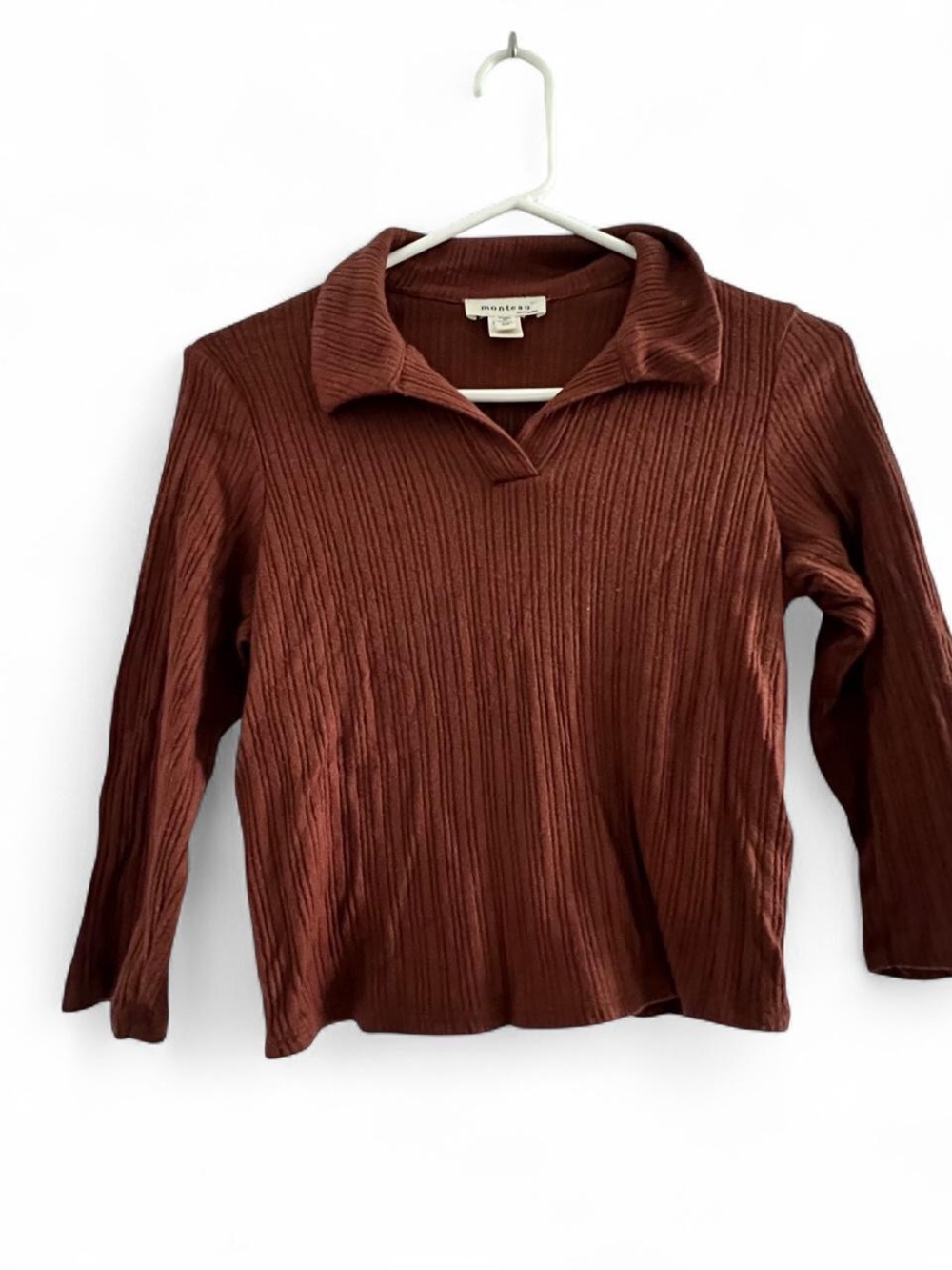 Monteau Rust Brown Ribbed Long Sleeve Polo Top